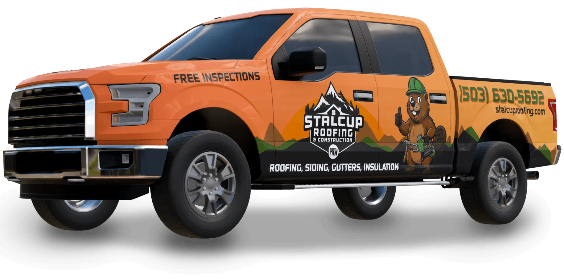 Orange truck with Stalcup Roofing branding and contact details.