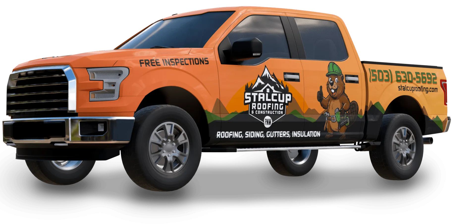 Orange truck with Stalcup Roofing branding and contact details.