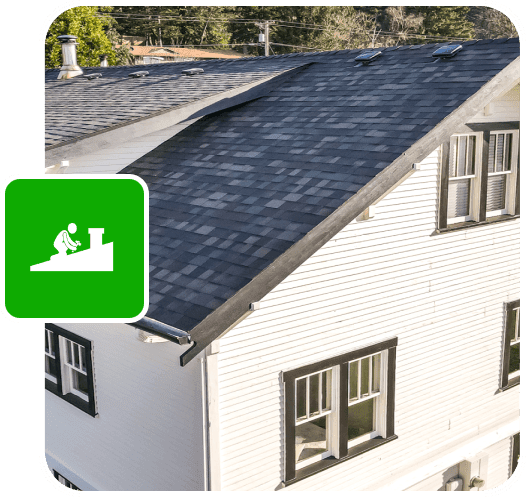 House with new gray shingle roof and roof maintenance icon.
