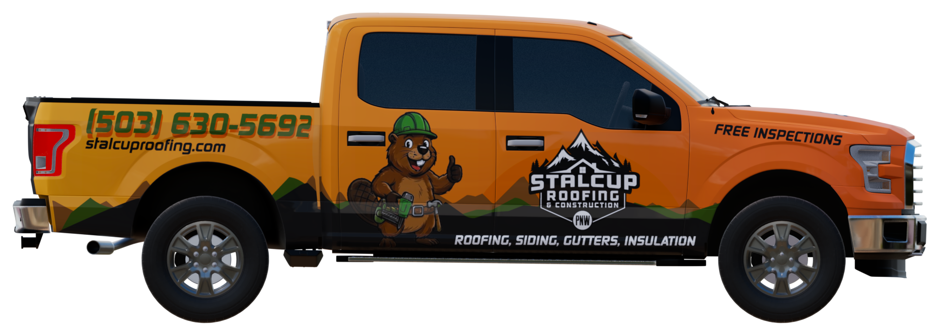 Bright orange truck with Stalcup Roofing branding and contact info.